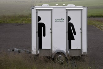 Toilet truck in rural surroundings, Hólar, Northwest Iceland, Iceland
