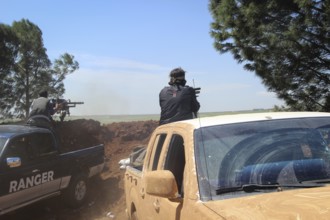 Vehicles and heavy weapons used by Syrian opposition fighters in combat against ISIS. Aleppo, Syria