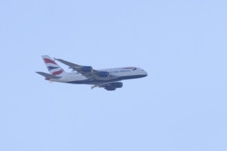 Airbus A380 jet passenger aircraft of BA British Airways airlines flying, England, United Kingdom