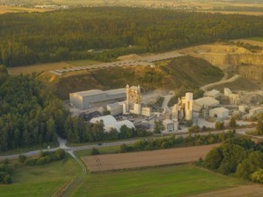 Aerial view of a factory surrounded by forests and fields in daylight, Wolfsberg Nagold industrial