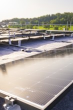 Close-up of an installed solar panel on a roof, PV installation, commercial customers, new