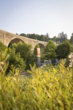 View of a bridge over an overgrown landscape in daylight, Nagold, district of Calw, Black Forest,