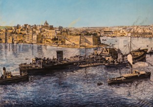 Arrival of the tanker ss Ohio 1942, Oelgemaelde, Fort St. Elmo, fortress on the northern tip built