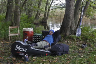 Tourist in the camp, Müritz National Park, Mecklenburg-Western Pomerania, Germany