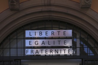 French motto Liberté, égalité, fraternité, liberty, equality, fraternity, town hall, Hôtel de