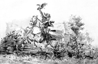 Lucky catch, theft, chicken thief, soldier on a horse has stolen a chicken and jumps over the