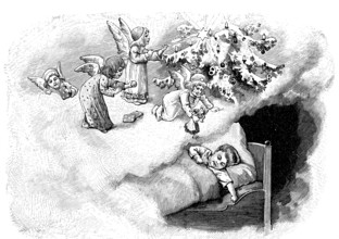 Christmas dream, Boy lying in bed and dreaming of Christmas angels bringing presents, 1898,