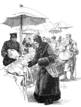Christmas, Christmas dinner, woman buying Christmas goose at a market stall, feast, poultry, around
