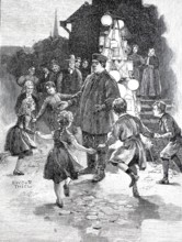 The Lambertus celebration in Münster, 1898, Children dancing around a disguised figure, in the