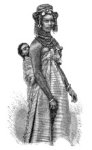 A woman with a baby on her back from the Pöth tribe, Fulani, also known as Fula or Peul, large