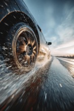 Car drives fast on a wet road, motorway, motorway and generates splash water, risk of accident due