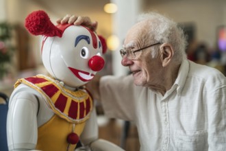 An elderly man in a nursing home has fun, smiles and communicates with a humanoid robot wearing a