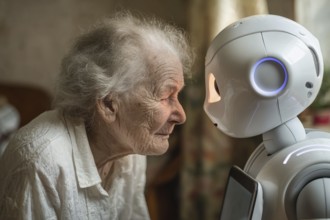 An elderly woman in a nursing home smiles and communicates with a humanoid robot, care robot,