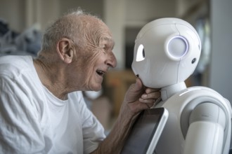 An elderly man in a nursing home has fun, smiles and communicates with a humanoid robot, carer