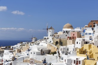 White and colourfully painted holiday homes on a steep slope, windmills, Cumulus, view of Oia,