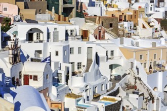 White and colourfully painted holiday homes with pool on a steep slope, stairs, narrow alleys, Oia,