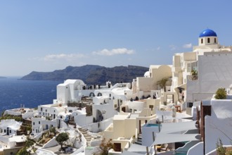 White holiday homes on the edge of the caldera, sea view, Oia, Thira, Santorini, Cyclades, Greece