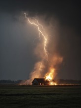 Lightning strikes a detached wooden barn in a field, the barn is on fire, in the middle of a