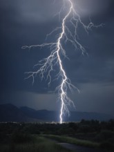 A large bolt of lightning strikes the night landscape, the dark sky menacing and impressive, AI