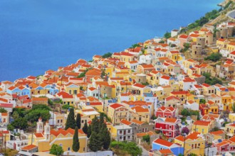 Chorio (upper town), high angle view, Chorio, Symi Island, Dodecanese Islands, Greece