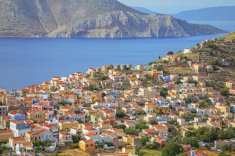 View over Chorio (upper town), Chorio, Symi Island, Dodecanese Islands, Greece