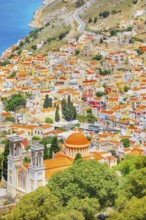 Chorio (upper town), high angle view, Chorio, Symi Island, Dodecanese Islands, Greece