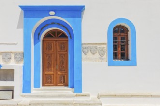 Megali Panagia church facade, Chorio, Symi Island, Dodecanese Islands, Greece