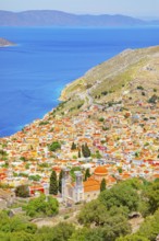 Chorio (upper town), high angle view, Chorio, Symi Island, Dodecanese Islands, Greece