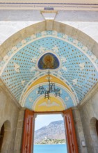 Panormitis monastery painted ceiling, Panormitis, Symi Island, Dodecanese Islands, Greece