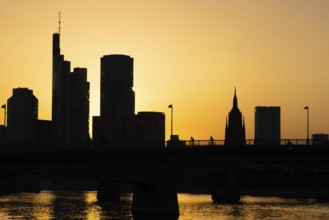 Two cyclists pass the rafter bridge over the Main in the evening while the sun sets behind the