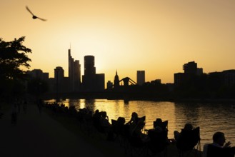People sitting on the banks of the Main in the evening while the sun sets behind the Frankfurt