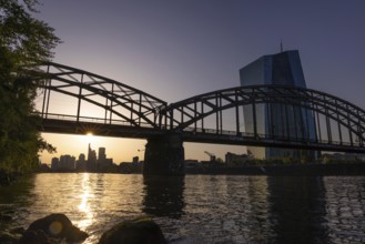 The sun stands over the Frankfurt banking skyline and illuminates the glass façade of the European