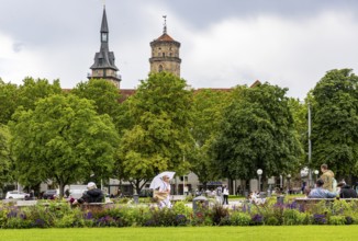 City view of Stuttgart with Schlossplatz and the two towers of the collegiate church. Stuttgart,