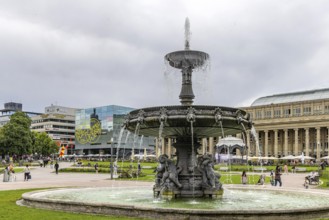 Fountain on the castle square, art museum and royal building. City view of Stuttgart,