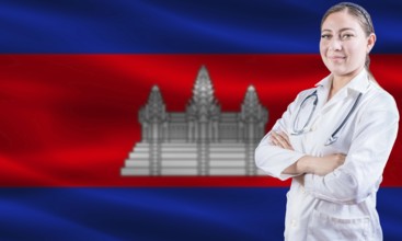Female doctor on Cambodia flag. Doctor with crossed arms on Cambodia flag. Cambodia health and care