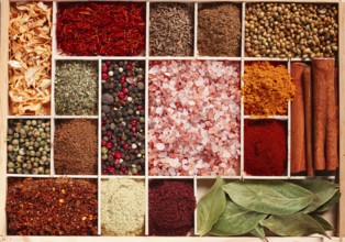 An assortment of spices laid out on a wooden tray, arranged in wooden compartments, top view