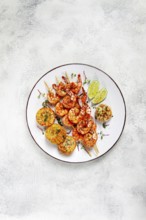 Tiger prawns on skewers, shrimp kebab, with corn, fried, homemade, no people