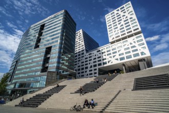 Skyline at Jaarbeursplein at Utrecht Centraal railway station, Stadskantoor building, municipal