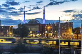 City centre of Utrecht, Mosque Ulu Camii, Mosque at Utrecht Centraal station, evening lighting,