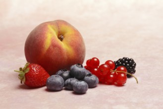 Various fruits, redcurrant, peach, strawberry, blueberry, blackberry