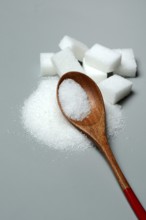 Sugar with wooden spoon and sugar cube