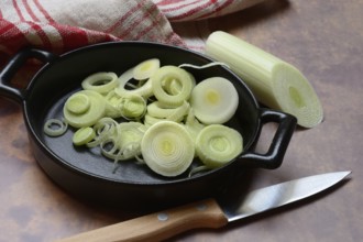Leeks, leek rings in pan with knife, leek