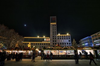 Night view, Christmas market with Christmas stalls, stalls, town hall, market square, Stuttgart,