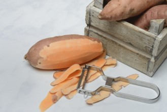 Sweet potato with vegetable peeler, partly peeled, Ipomoea batatas