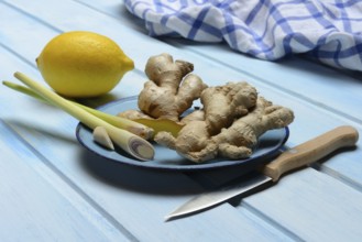 Ginger tubers with lemongrass on plate, lemon
