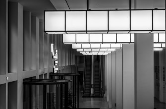 Black and white photography, interior photos, Humboldt Forum, modern ceiling lighting, Berlin,