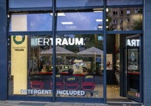 View from outside of a public laundromat, Alexanderplatz, Berlin, Germany