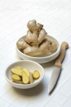 Ginger, ginger root and ginger slices in shell