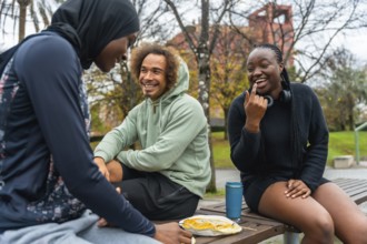Group of diverse african friends happily laughing and enjoying a meal together on a park bench,