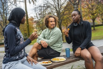 Group of diverse friends sitting on a park bench, sharing a casual picnic meal outdoors while